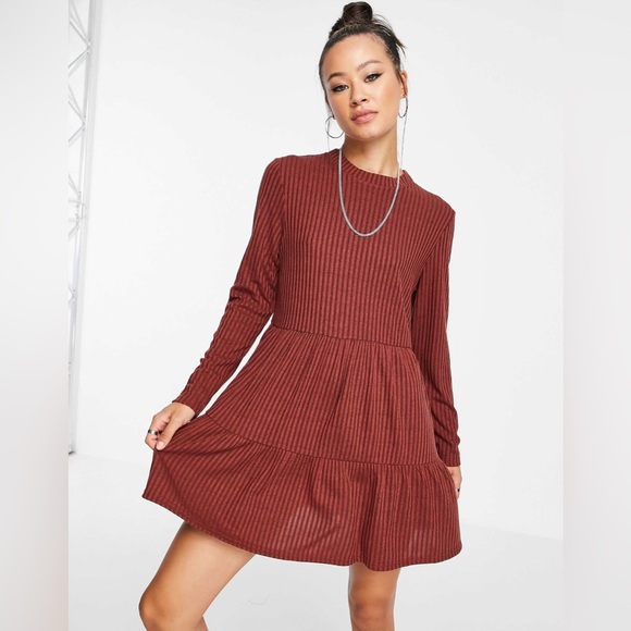 NWOT Topshop cut and sew tiered throw-on dress in rust - Size 4 / S - Picture 2 of 7